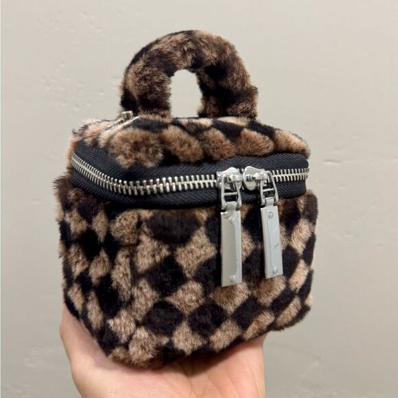 Checkerboard Real Shearling Leather Handmade Boxy Bag Set/Lamb Fur Crossbody Bag - Picture 15 of 16